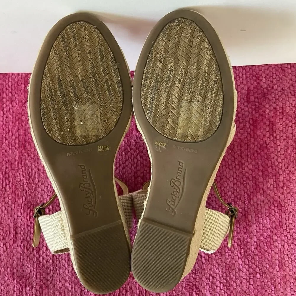 Lucky Brand Kylo Wedge Espadrille Sandals Linen Tan Size 8